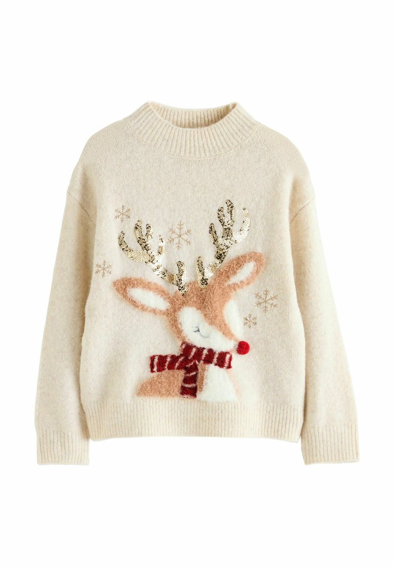 Beige strikket sweater med et rensdyrdesign, prydet med glitrende gevir, rød næse og et stribet tørklæde, dekoreret med snemandsdetaljer.