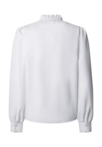 White long-sleeve blouse with a ruffled neckline, buttoned cuffs, and soft, smooth fabric; features a plain back design.