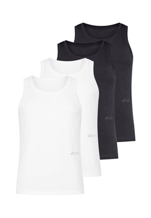 Zwei weiße und zwei schwarze ärmellose Tanktops abwechselnd gestapelt auf weißem Hintergrund.