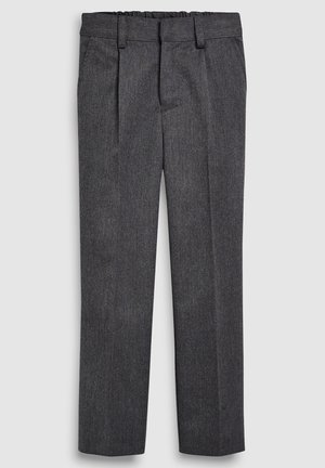 Pantalon formel gris foncé à jambes droites avec plis, passants de ceinture, poches latérales et taille élastique à l'arrière.