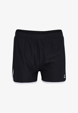 Schwarze Sportshorts mit elastischem Bund, weißen Seitenakzenten und einem Logo unten rechts. Glatter Stoff mit lockerem Sitz.