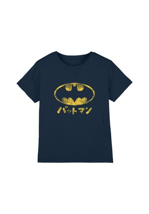 Navy blue T-shirt with a distressed yellow Batman logo and Japanese characters below the logo.
