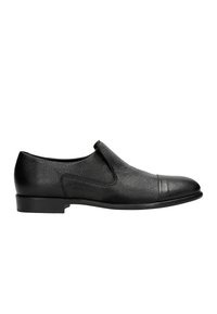Schwarzer Leder-Slipper mit glatter Textur, runder Zehenform und subtilen Steppnähten. Verfügt über einen niedrigen, gestapelten Absatz und ein tailliertes Design.
