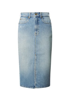 Fustă conică din denim albastru deschis cu șliț frontal, bucle pentru curea, închidere cu nasturi și stil cu cinci buzunare.