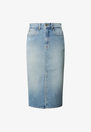 Šviesiai mėlynas džinsinis pieštuko formos sijonas su priekiniu plyšiu, diržo kilpomis, sagomis ir penkių kišenių stiliumi.