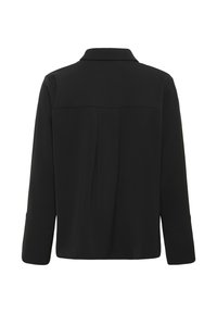 Juoda ilga rankovė palaidinė su apykakle, turinti klostytą detalę nugarinėje dalyje ir lygią, minkštą audinio tekstūrą.