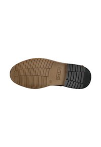 Suela de goma con una base marrón y un tacón negro; presenta estrías horizontales y verticales para mayor tracción; está marcada con "bugatti" en el lateral.