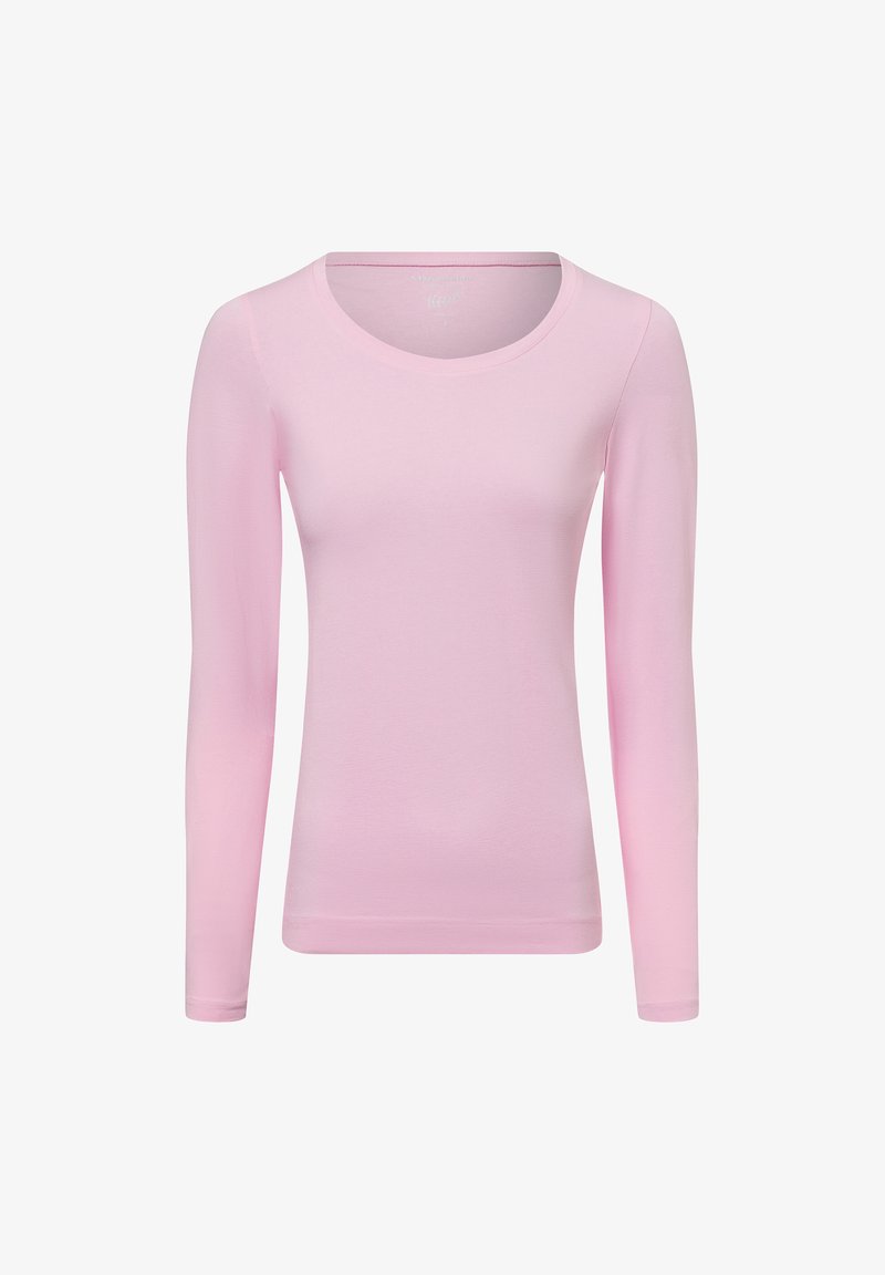 Long-sleeve light pink top with a round neckline, made from a smooth, stretchy fabric. Features fitted design and minimal seams.