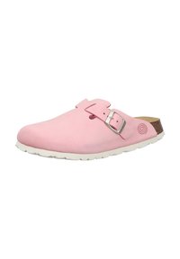 Zoccolo slip-on in suede rosa con fibbia regolabile in tonalità argento, sottopiede in sughero e suola in gomma bianca con motivo scolpito.