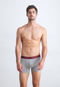 Szürke boxer alsónadrág, sima textúrájú anyagból, testre simuló kialakítással. Bordó elasztikus derékpánttal rendelkezik, logóval díszítve.