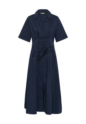 Tumesinist midikleit lühikeste varrukatega, kraega, esiküljel nööbitav ja vöökohal seotud kangavööga.