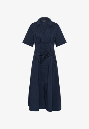 Tumesinist midikleit lühikeste varrukatega, kraega, esiküljel nööbitav ja vöökohal seotud kangavööga.