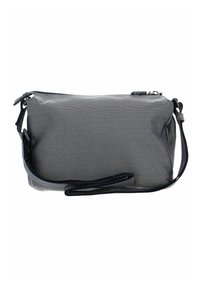 Strukturierte schwarze und graue Tasche mit rechteckiger Form, ausgestattet mit einem Reißverschluss und einem abnehmbaren Riemen. Glatte Akzente und gemusterte Oberfläche.