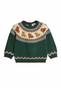 Grüner Strickpullover mit cremefarbenem Passe, der rote und gelbe Löwen- und Herzmuster zeigt, mit Zickzack-Mustern an den Bündchen, dem Saum und dem Halsauschnitt.