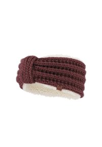 Dziewiwana opaska na głowę w głębokim burgundzie z twistowym wzorem, z miękką kremową podszewką i małą skórzaną metką marki.