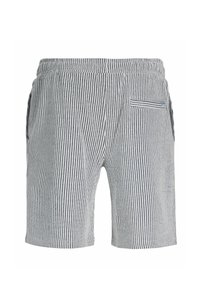 Herren-Casual-Shorts mit vertikalen schwarz-weißen Streifen, einem elastischen Bund, seitlichen Taschen und einer kleinen Reißverschlusstasche hinten.