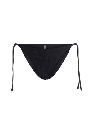 Black bikini bottom with a smooth texture, featuring a gathered front and jeweled embellishments in a floral pattern; ties at the sides.