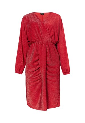 Rochie roșie, strălucitoare, cu un design înfășurat, mâneci lungi și talie gathered. Textură netedă cu un tiv de lungime la genunchi și o strălucire subtilă.