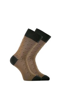 Chaussettes marron avec des bordures vert foncé, ornées d'un motif de petits points dorés sur toute la surface. Fabriquées dans un matériau lisse et extensible.