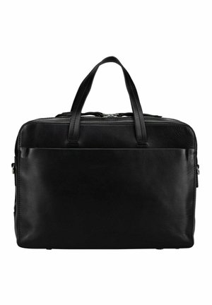 Maletín de cuero negro con dos asas y un gran bolsillo frontal, diseñado para uso profesional.