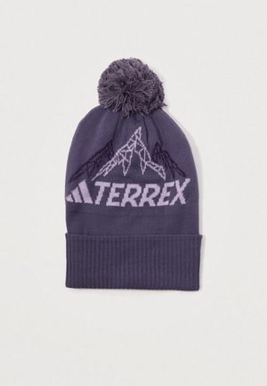 Knitted purple beanie featuring a pom-pom on top, a ribbed cuff, and a mountain graphic with "TERREX" logo in lighter purple.