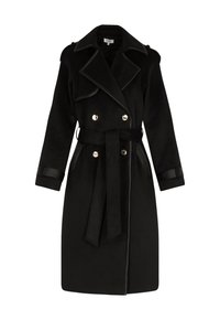 Czarny trench coat z miękkiego materiału, z paskiem w talii, podwójnym zapięciem, z guzikami w kolorze srebrnym i skórzanymi akcentami.