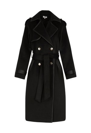 Czarny trench coat z miękkiego materiału, z paskiem w talii, podwójnym zapięciem, z guzikami w kolorze srebrnym i skórzanymi akcentami.