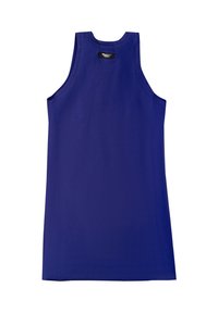 Sukienka bez rękawów, wykonana z gładkiego materiału w głębokim niebieskim kolorze, z okrągłym dekoltem i metką z tyłu. Gładka textura, długość midi.