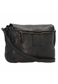 Borsa a tracolla in pelle nera con tasca anteriore con zip, tracolla regolabile e logo in rilievo a forma di ancora. Texture morbida, design casual.