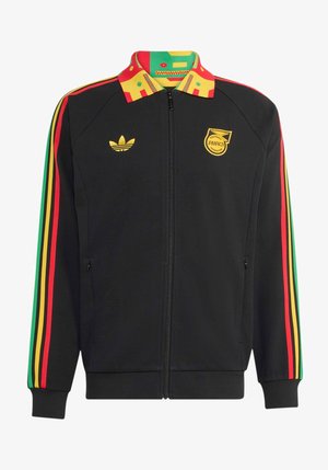 Zwarte jas met ritssluiting, voorzien van rode, gele en groene strepen op de mouwen, een patroon op de kraag, het Adidas-logo en het embleem van de Jamaica Football Federation op de borst.