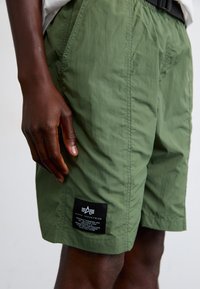 Žalios spalvos šortai iš lengvos medžiagos, turi šonines siūles ir juodą etiketę su tekstu kairėje kojoje. Tekstūruotas paviršius, elastinga juosmens juosta.