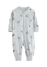 Jumpsuit per neonati azzurro chiaro in morbido cotone, con chiusura a zip, maniche lunghe e un motivo di animali della foresta su tutta la superficie.