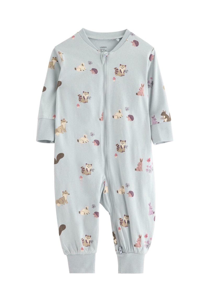 Jumpsuit per neonati azzurro chiaro in morbido cotone, con chiusura a zip, maniche lunghe e un motivo di animali della foresta su tutta la superficie.
