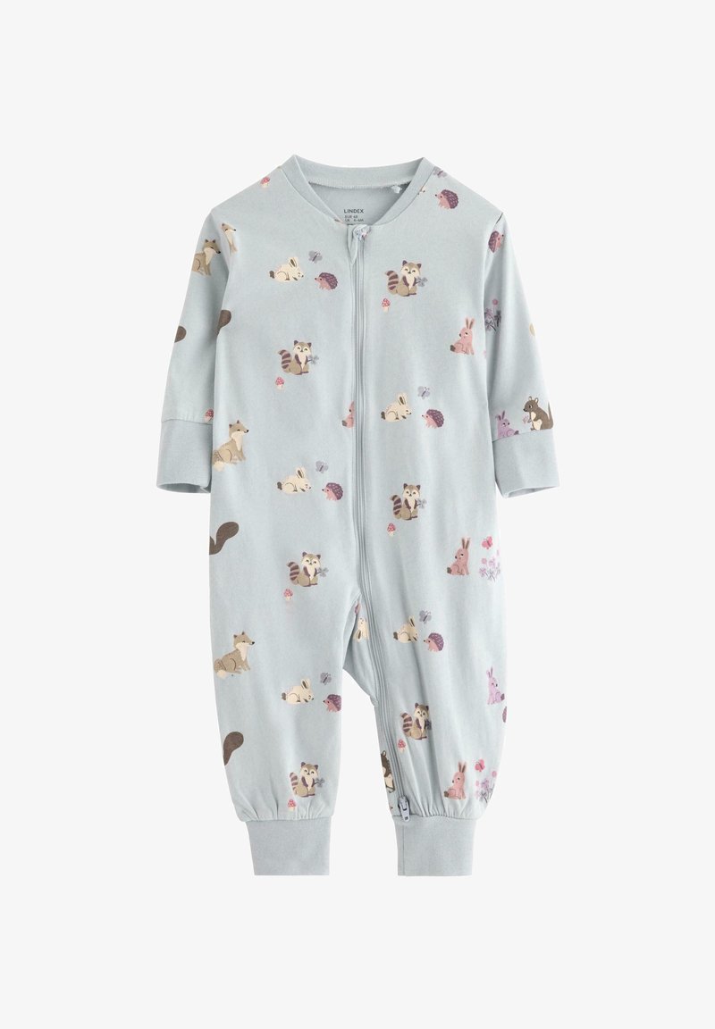 Jumpsuit per neonati azzurro chiaro in morbido cotone, con chiusura a zip, maniche lunghe e un motivo di animali della foresta su tutta la superficie.