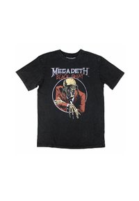 Black cotton t-shirt featuring a graphic design of a skull masked figure in a red suit, with "Megadeth Black Friday" text above.