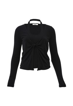 Top negro de manga larga con escote redondo y detalle de nudo frontal, hecho de tela ligera con textura suave.