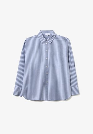 Blau gestreiftes Hemd mit Knöpfen und Kragen, ausgestattet mit langen Ärmeln, einer Brusttasche und einem leicht gewölbten Saum. Hergestellt aus einem leichten Stoff.