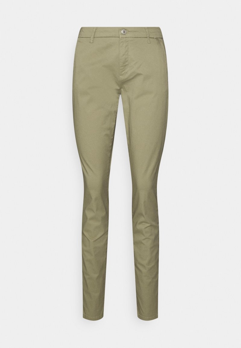 Pantalon chino beige slim fit avec passants de ceinture, bouton avant et fermeture éclair, présenté sur fond blanc.