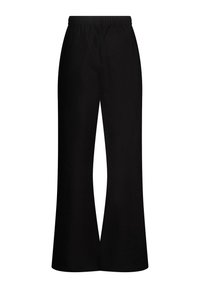 Mustat leveälahkeiset housut, joissa on joustava vyötärö, kevyttä kangasta, jossa on teksturoitu pinta, ja virtaava muotoilu.