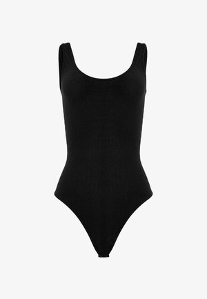 Zwart éénstuk badpak met een ronde halslijn, brede schouderbanden en hoge beensneden. Gemaakt van glad, rekbaar stof.