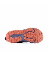 Shoe outsole featuring a textured pink rubber material with a multidirectional grip pattern, contrasting with a solid purple upper section.