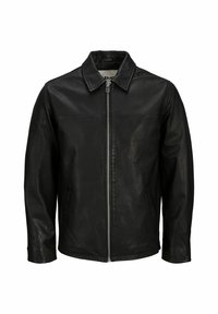 Black leather jacket featuring a zip closure, point collar, and long sleeves. Smooth texture with a classic design and no visible patterns.
