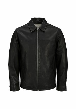 Black leather jacket featuring a zip closure, point collar, and long sleeves. Smooth texture with a classic design and no visible patterns.