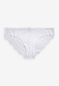 Witte katoenen mix slipjes met een golvende kantafwerking aan de zijkanten, met een strikaccent op de voorkant van de tailleband. Soepele textuur overal.