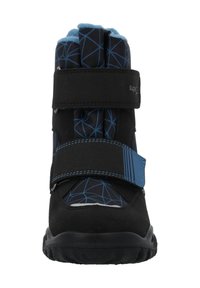 Schwarze und blaue Kinderstiefel mit geometrischem Muster, zwei verstellbaren Riemen und einer strukturierten Gummisohle für besseren Halt.