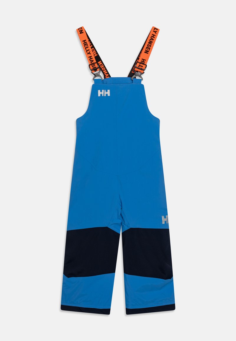 Macacão de neve impermeável azul com alças ajustáveis em laranja e preto, apresentando um painel azul marinho na parte inferior das pernas. Logótipo da Helly Hansen exibido.