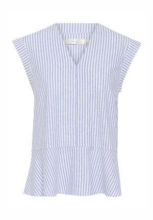 Top senza maniche a righe blu chiaro e bianche con scollatura a V, orlo svasato e texture morbida, realizzato in un tessuto leggero.