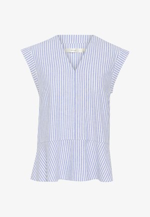 Lyseblå og hvidstribet ærmeløs top med V-hals, flagrende kant og blød tekstur, lavet af et letvægtsstof.