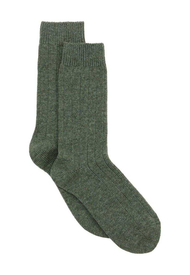 Grüne, gerippte Baumwollsocken mit weicher Textur, mittellange Knöchellänge und verstärkter Zehen- und Fersenbereich für Haltbarkeit.