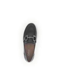 Black leather loafer with rounded toe, featuring a decorative silver-tone buckle and stitched accent along the edges. Gabor logo visible inside.